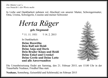 Traueranzeige von Herta Rüger von Südthüringer Presse