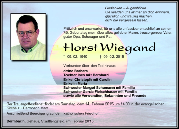 Traueranzeige von Horst Wiegand von Südthüringer Presse