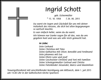 Traueranzeige von Ingrid Schott von Frankenpost