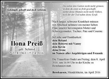 Traueranzeige von ilona Preiß von Südthüringer Presse