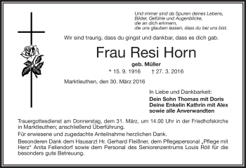Traueranzeige von Resi Horn von Frankenpost