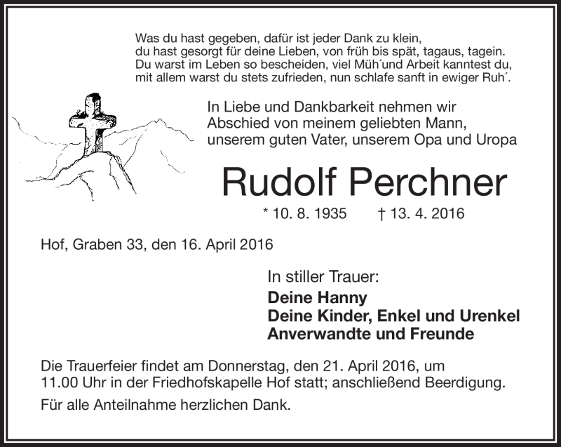  Traueranzeige für Rudolf Perchner vom 16.04.2016 aus Frankenpost