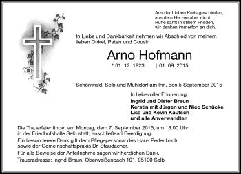 Traueranzeige von Arno Hofmann von Frankenpost