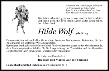 Traueranzeige von Hilde Wolf von Südthüringer Presse