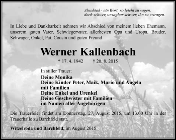 Traueranzeige von Werner Kallenbach von Südthüringer Presse