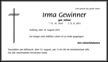 Traueranzeige von Irma Gewinner von Frankenpost