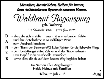 Traueranzeige von Waldtraut Regenspurg von Südthüringer Presse