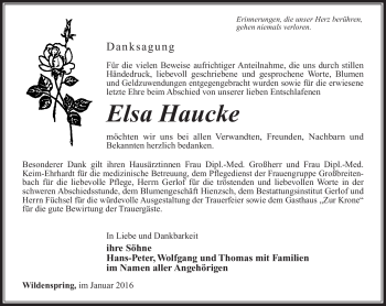 Traueranzeige von Elsa Haucke von Südthüringer Presse