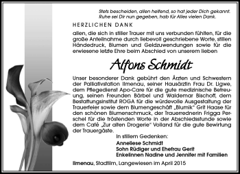 Traueranzeige von Alfons Schmidt von Südthüringer Presse