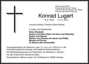 Traueranzeige von Konrad Lugert von Frankenpost