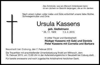 Traueranzeige von Ursula Kassens von Neue Presse Coburg