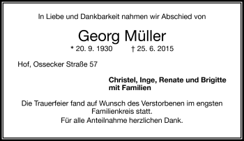 Traueranzeige von Georg Müller von Frankenpost