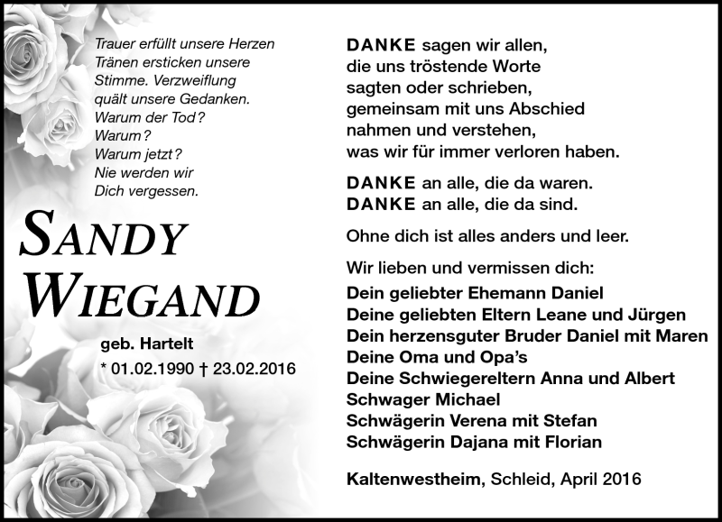  Traueranzeige für Sandy Wiegand vom 06.04.2016 aus Südthüringer Presse
