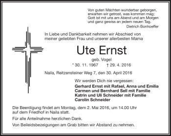 Traueranzeige von Ute Ernst von Frankenpost