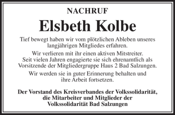 Traueranzeige von Elsbeth Kolbe von Südthüringer Presse