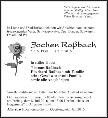 Traueranzeige von Jochen Raßbach von Südthüringer Presse