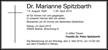 Traueranzeige von Marianne Spitzbarth von Frankenpost