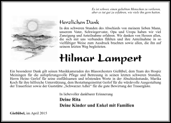 Traueranzeige von Hilmar Lampert von Südthüringer Presse