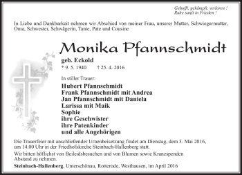 Traueranzeige von Monika Pfannschmidt von Südthüringer Presse