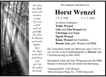 Traueranzeige von Horst Wenzel von Neue Presse Coburg