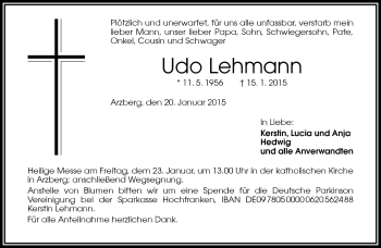 Traueranzeige von Udo Lehmann von Frankenpost