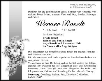 Traueranzeige von Werner Roselt von Südthüringer Presse