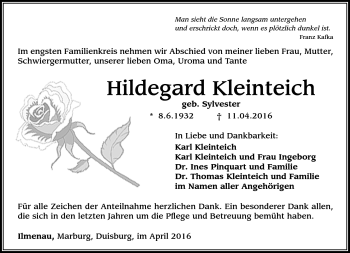 Traueranzeige von Hildegard Kleinteich von Südthüringer Presse