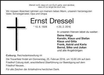 Traueranzeige von Ernst Dressel von Neue Presse Coburg