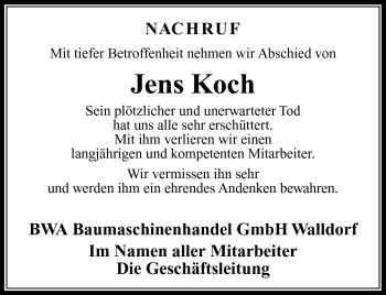 Traueranzeige von Jens Koch von Südthüringer Presse