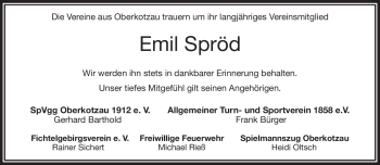 Traueranzeige von Emil Spröd von Frankenpost