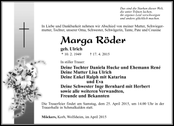 Traueranzeige von Marga Röder von Südthüringer Presse