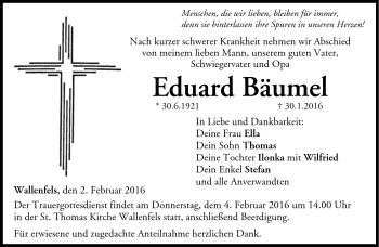 Traueranzeige von Eduard Bäumel von Neue Presse Coburg