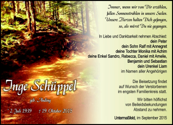 Traueranzeige von Inge Schüppel von Südthüringer Presse