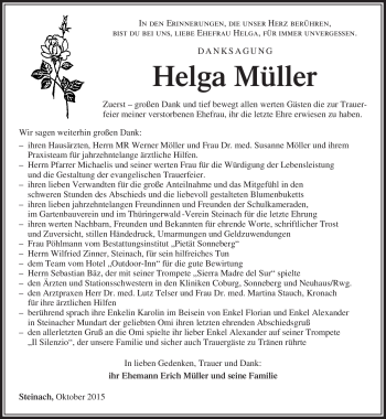Traueranzeige von Helga Müller von Südthüringer Presse