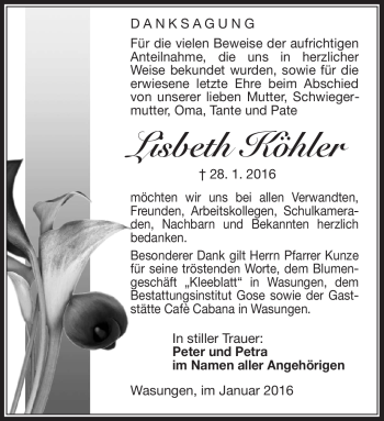 Traueranzeige von Lisbeth Köhler von Südthüringer Presse
