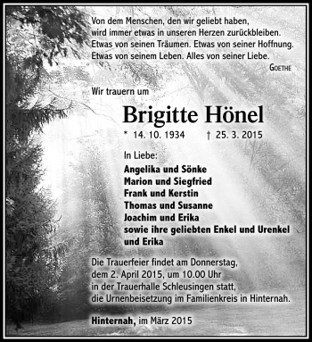 Traueranzeige von Brigitte Hönel von Südthüringer Presse