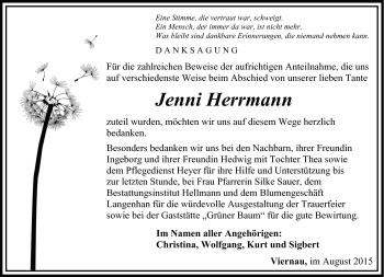 Traueranzeige von Jenni Herrmann von Südthüringer Presse