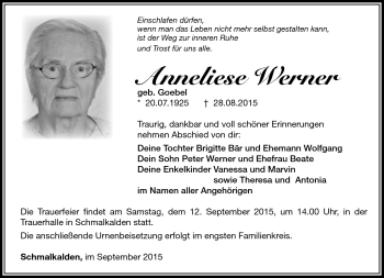 Traueranzeige von Anneliese Werner von Südthüringer Presse