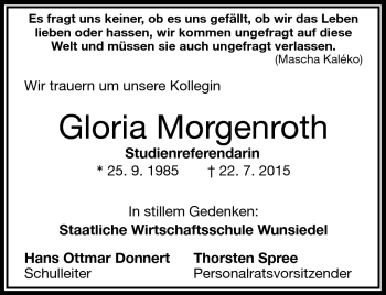 Traueranzeige von Gloria Morgenroth von Frankenpost