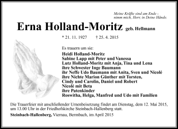 Traueranzeige von Erna Holland-Moritz von Südthüringer Presse