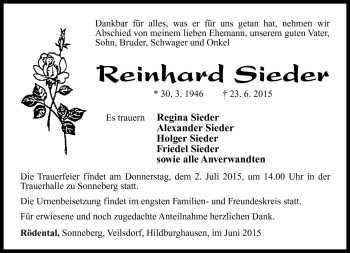Traueranzeige von Reinhard Sieder von Südthüringer Presse