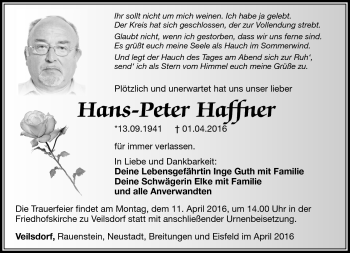 Traueranzeige von Hans-Peter Haffner von Südthüringer Presse