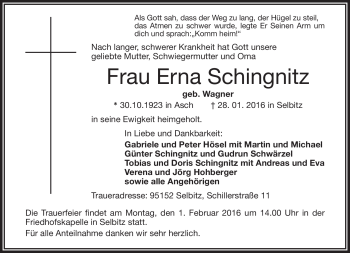 Traueranzeige von Erna Schingnitz von Frankenpost