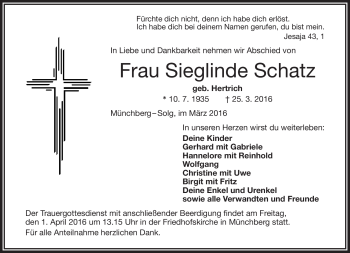 Traueranzeige von Sieglinde Schatz von Frankenpost