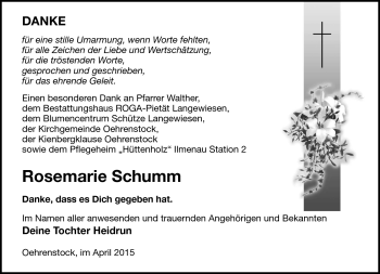 Traueranzeige von Rosemarie Schumm von Südthüringer Presse