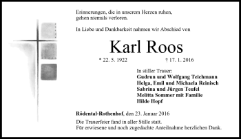 Traueranzeige von Karl Roos von Neue Presse Coburg