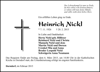 Traueranzeige von Heinrich Nickl von Südthüringer Presse