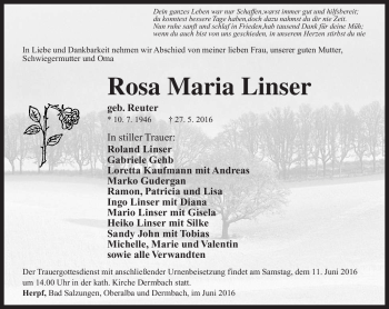 Traueranzeige von Rosa Maria Linser von Südthüringer Presse