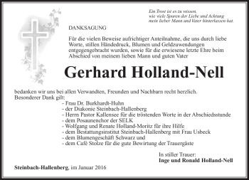 Traueranzeige von Gerhard Holland-Nell von Südthüringer Presse