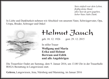Traueranzeige von Helmut Jauch von Südthüringer Presse